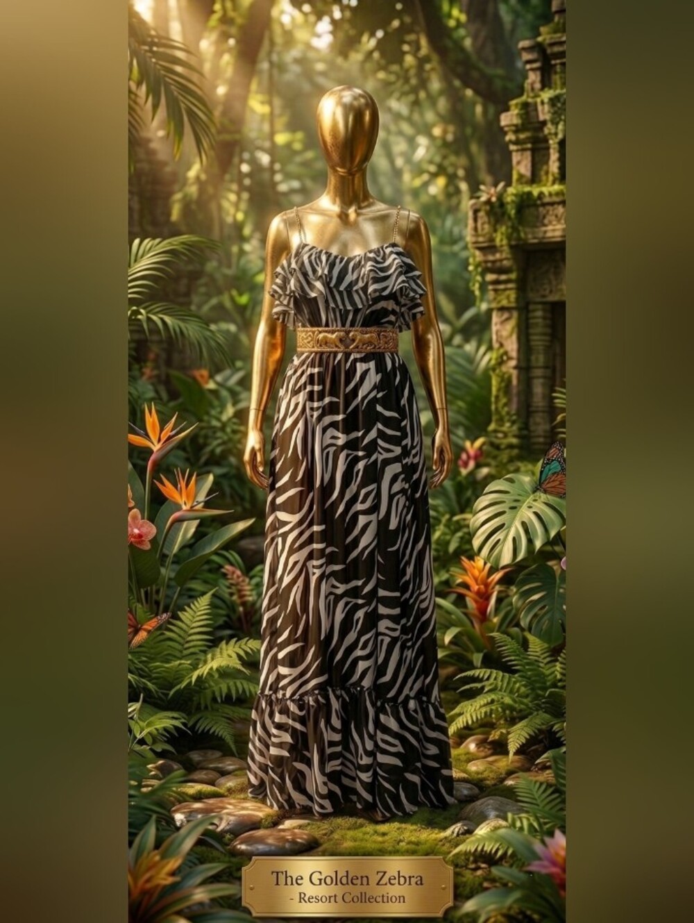Vintage Zebra-Print Ruffle Maxi Dress - Black/White